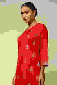 Red Acrylic Straight Yarn Dyed Kurta Palazzo Suit Set image number 1