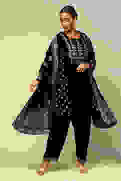 Black Poly Velvet A-Line Printed Kurta Salwar Suit Set image number 0