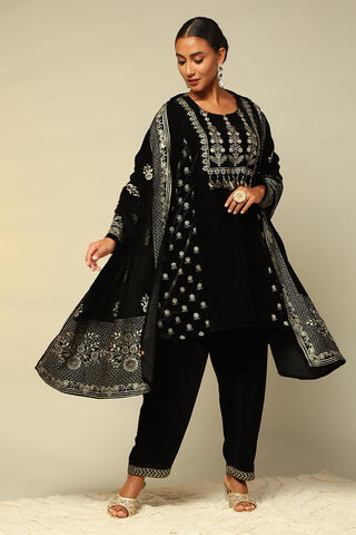 Rangriti Black Poly Velvet A-Line Printed Kurta Salwar Suit Set in Black