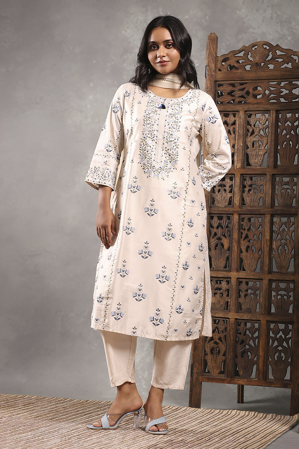 Aqua Viscose Blend Printed Straight Suit Set image number 6