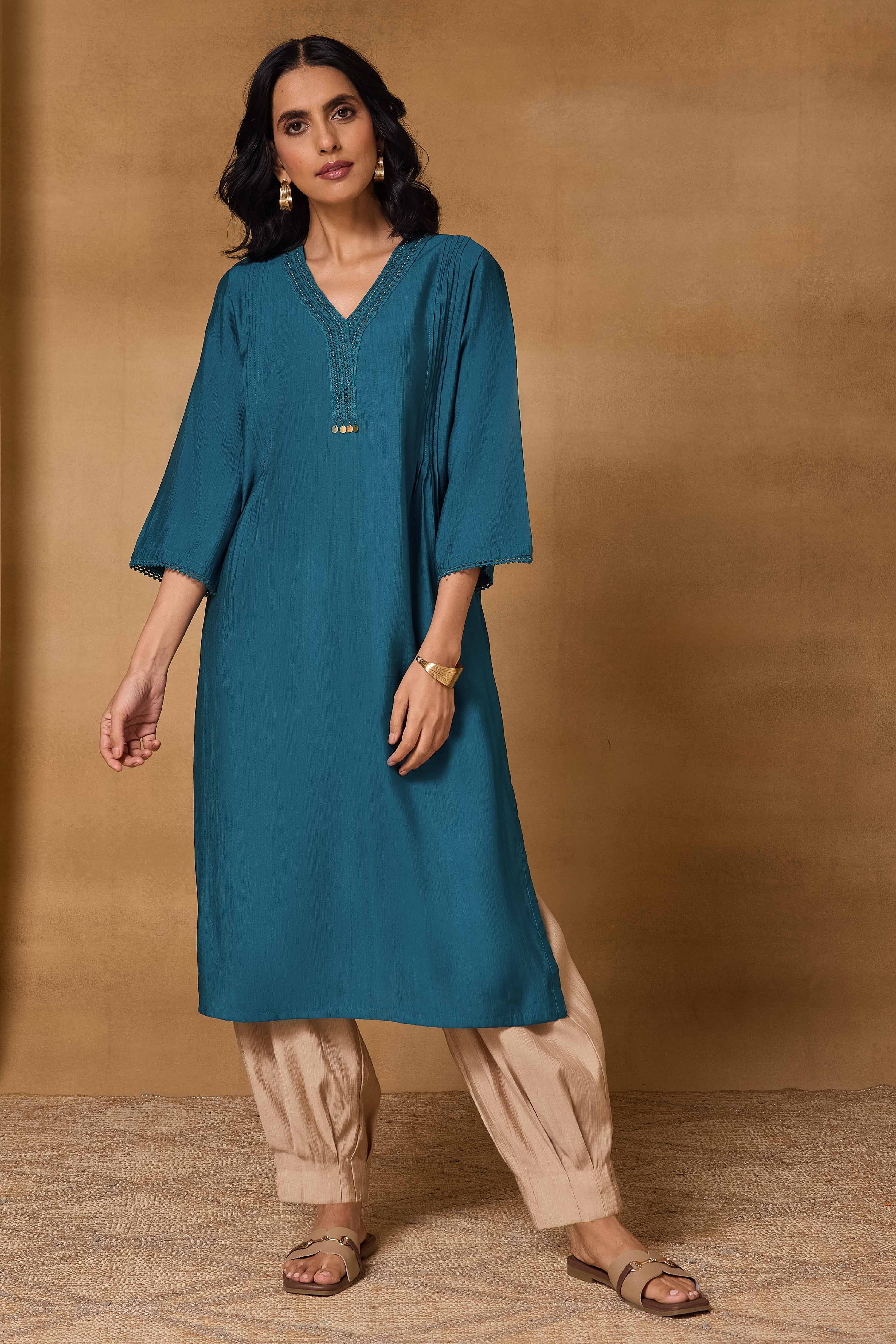 Teal Viscose Blend Straight Solid Kurta image number 5