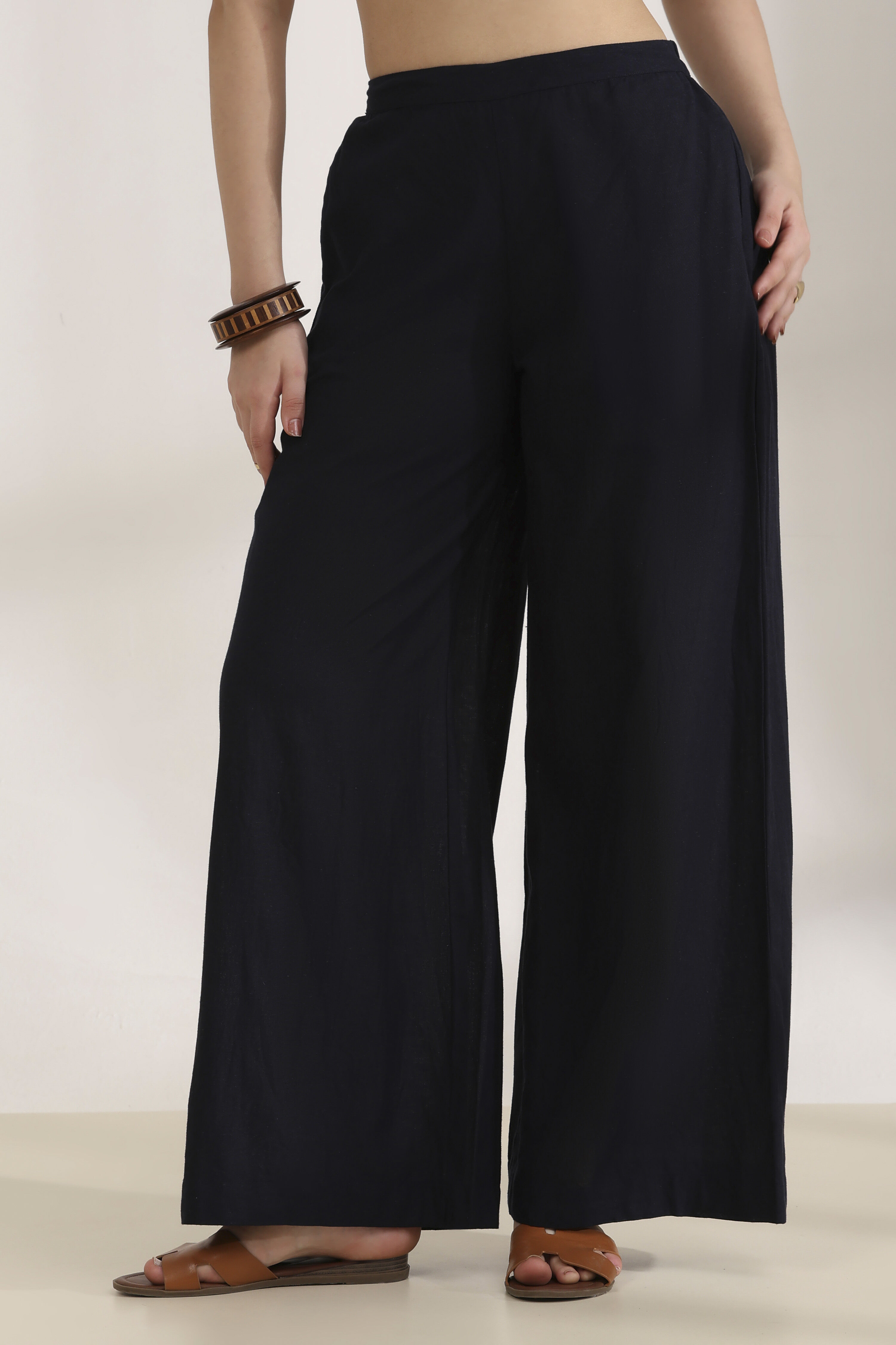 Navy Rayon Straight Palazzos image number 4
