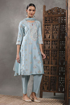 Aqua Viscose Blend Printed Straight Suit Set image number 4