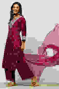 Wine Viscose Shantoon Straight Embroidered Kurta Palazzo Suit Set image number 0