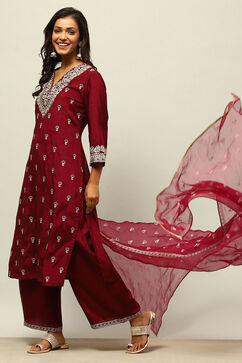 Wine Viscose Shantoon Straight Embroidered Kurta Palazzo Suit Set image number 0