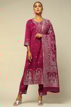 Phalsa Acrylic Straight Yarn Dyed Kurta Palazzo Suit Set image number 6
