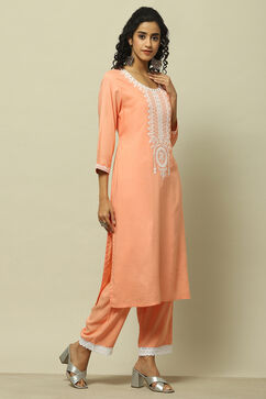 Coral Rayon Slub Straight Kurta image number 4