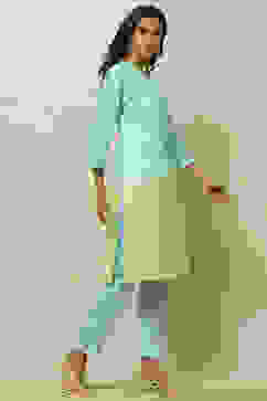 Aqua Blue Green Ombre Printed Straight Kurta Set image number 5