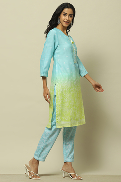 Aqua Blue Green Ombre Printed Straight Kurta Set image number 5