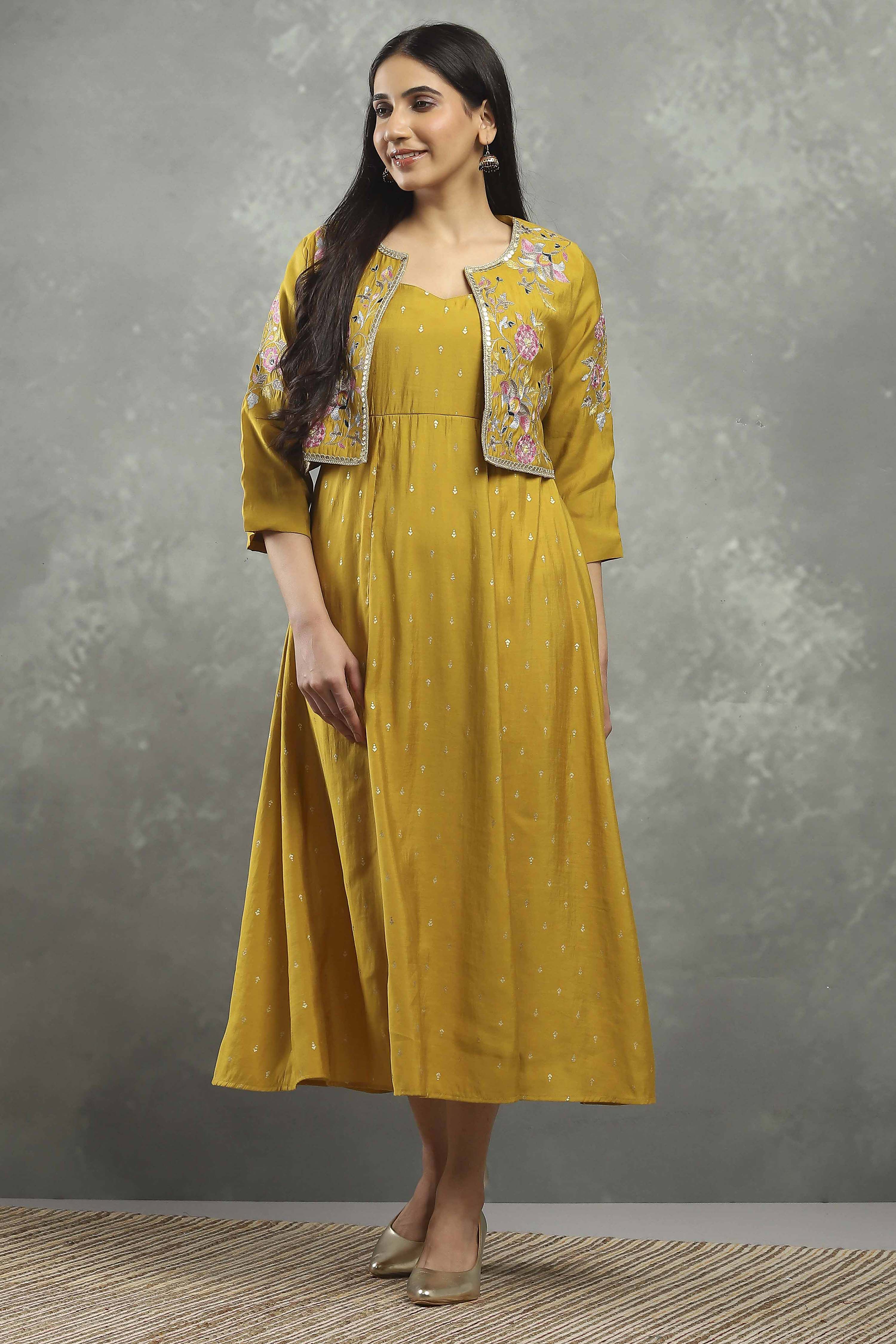 Mustard Viscose Blend Printed Kalidar Dress image number 0
