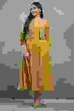 Mustard Viscose Blend Printed Kalidar Dress image number 0