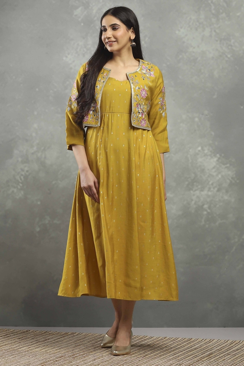 Buy Mustard Viscose Blend Printed Kalidar Dress Dress,Jacket by Rangriti Buy Mustard Viscose Blend Printed Kalidar Dress Dress,Jacket by Rangriti