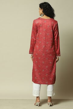 Red Acrylic Straight Printed Kurta image number 3