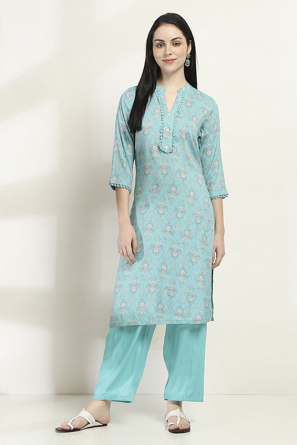 Yellow Printed Straight Kurta Set image number 6