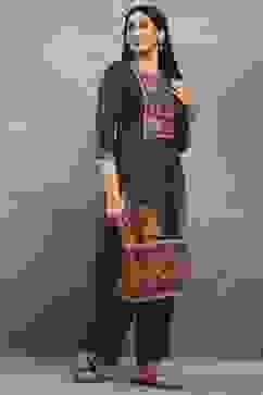 Black Polyester Straight Kurta Pants Set image number 5