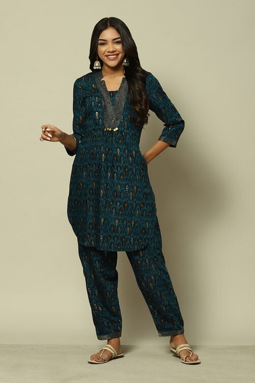 Peacock Blue LIVA Straight Printed Kurta Palazzo Suit Set image number 0