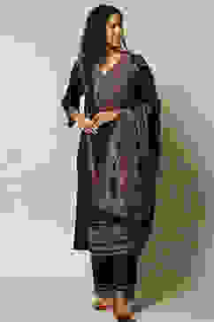 Black Poly Viscose Straight Yarndyed Kurta Palazzo Suit Set image number 7