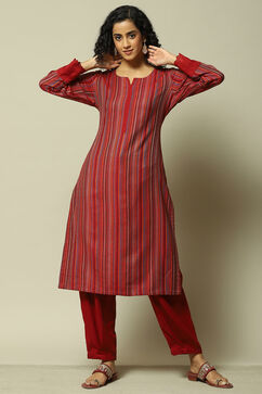 Red Acrylic Straight Yarndyed Kurta Palazzo Suit Set image number 0