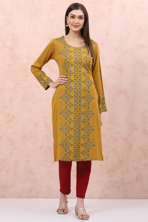 Mustard Acrylic Straight Kurta image number 2