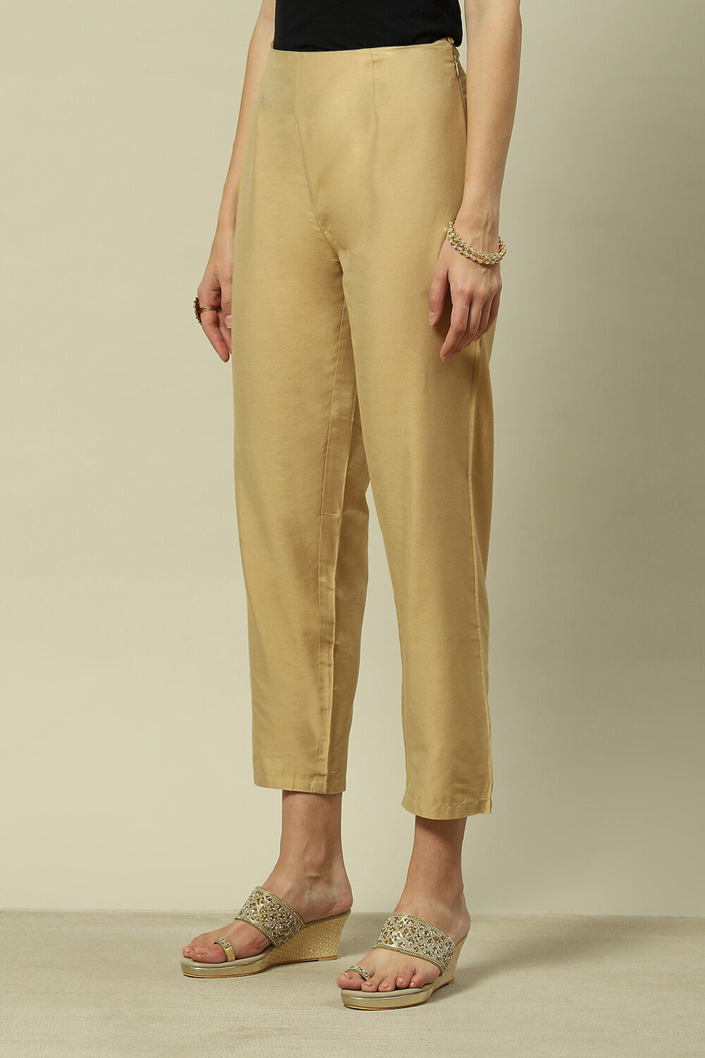 Metallic Gold Poly Viscose Solid Straight Pants image number 2