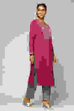 Purple Cotton Blend Straight Kurta image number 4