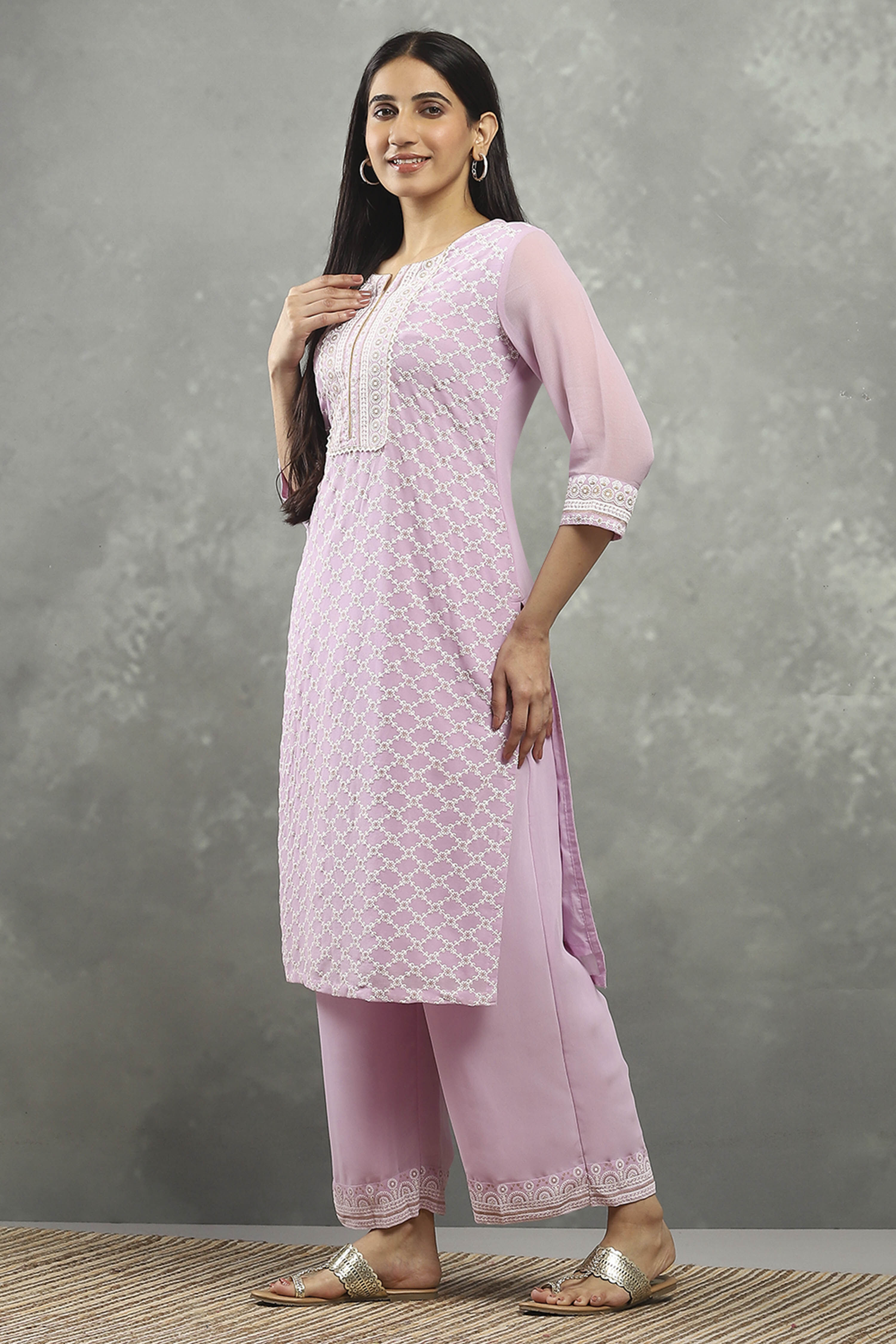 Mauve Polyester Straight Kurta Pants Set image number 3