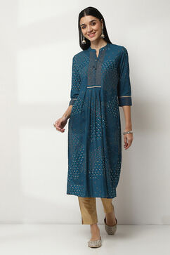 Teal Blue Viscose Printed Straight Kurta image number 5