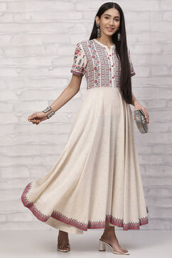 Off White Poly Cotton Flared Dress image number 6