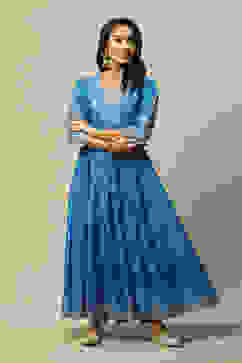 Blue LIVA Flared Printed Dress image number 0