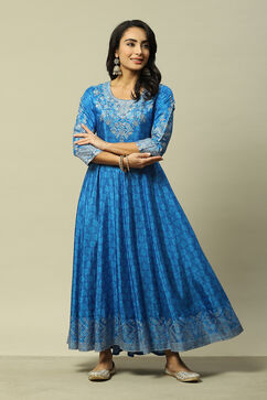 Blue LIVA Flared Printed Dress image number 0