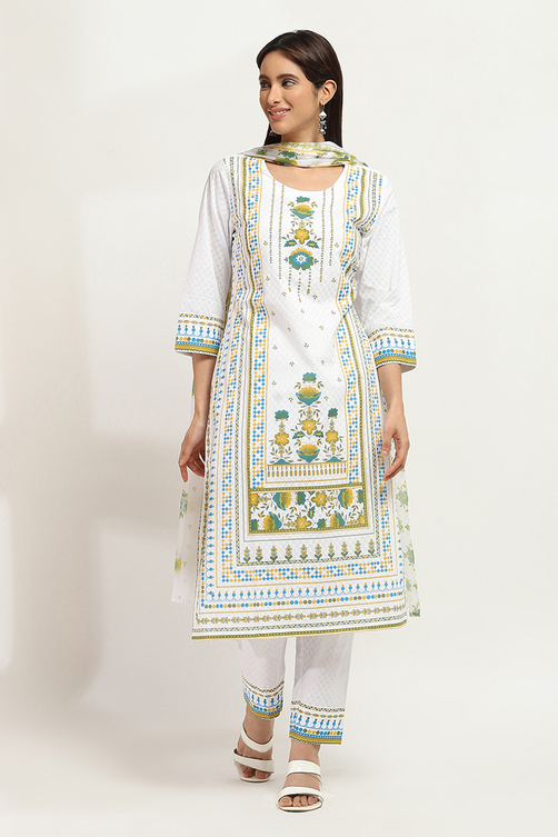 White Cotton Printed Straight Suit Set image number 6