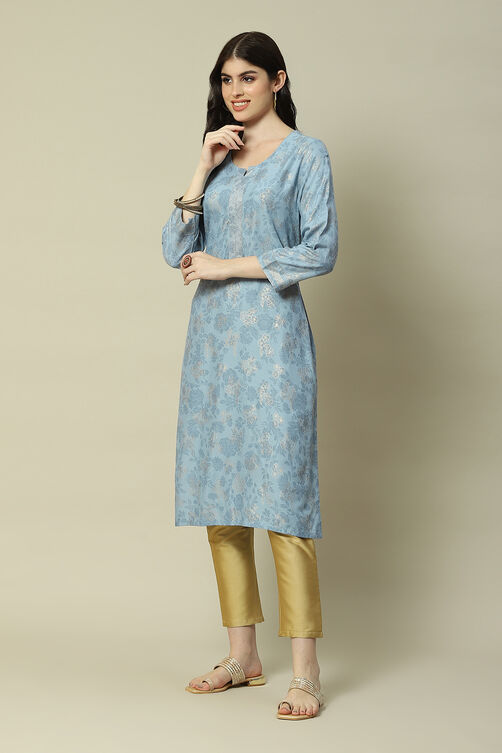 Blue Viscose Straight Printed Kurta image number 2