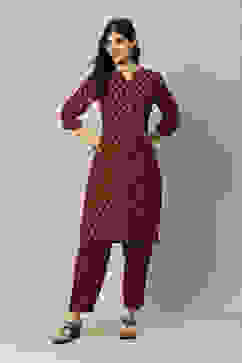 Red Cotton Blend Straight Printed Kurta Palazzo Suit Set image number 6