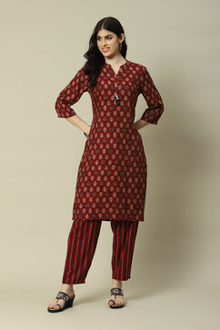 Red Cotton Blend Straight Printed Kurta Palazzo Suit Set image number 6