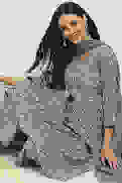 Grey Cotton Gathered Suit Set With Dupatta image number 0