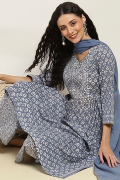 Grey Cotton Gathered Suit Set With Dupatta image number 0