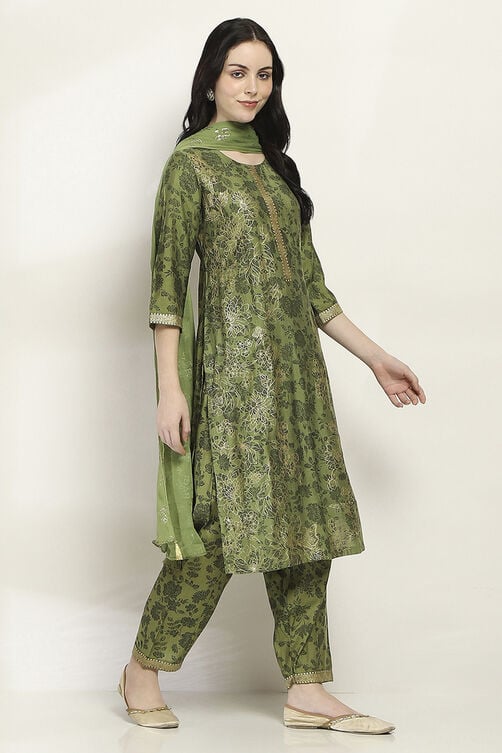 Green Floral Straight Suit Set image number 5