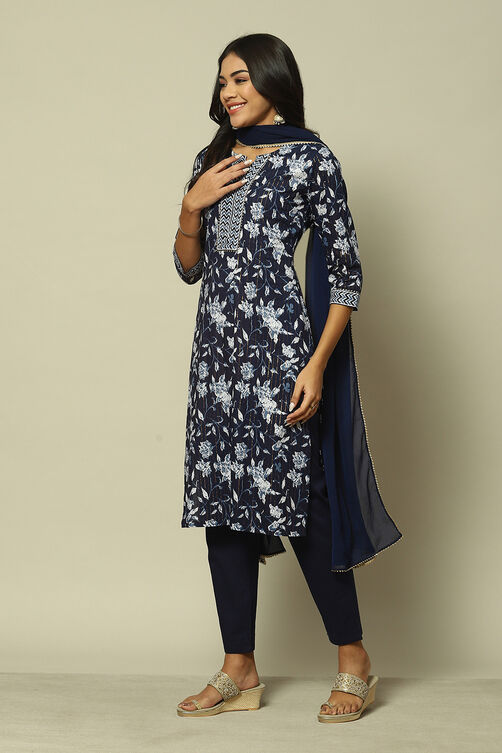 Indigo Blue Cotton Straight Printed Kurta Palazzo Suit Set image number 5