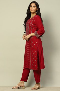 Fuchsia Liva Printed Straight Festive Kurta Set image number 3