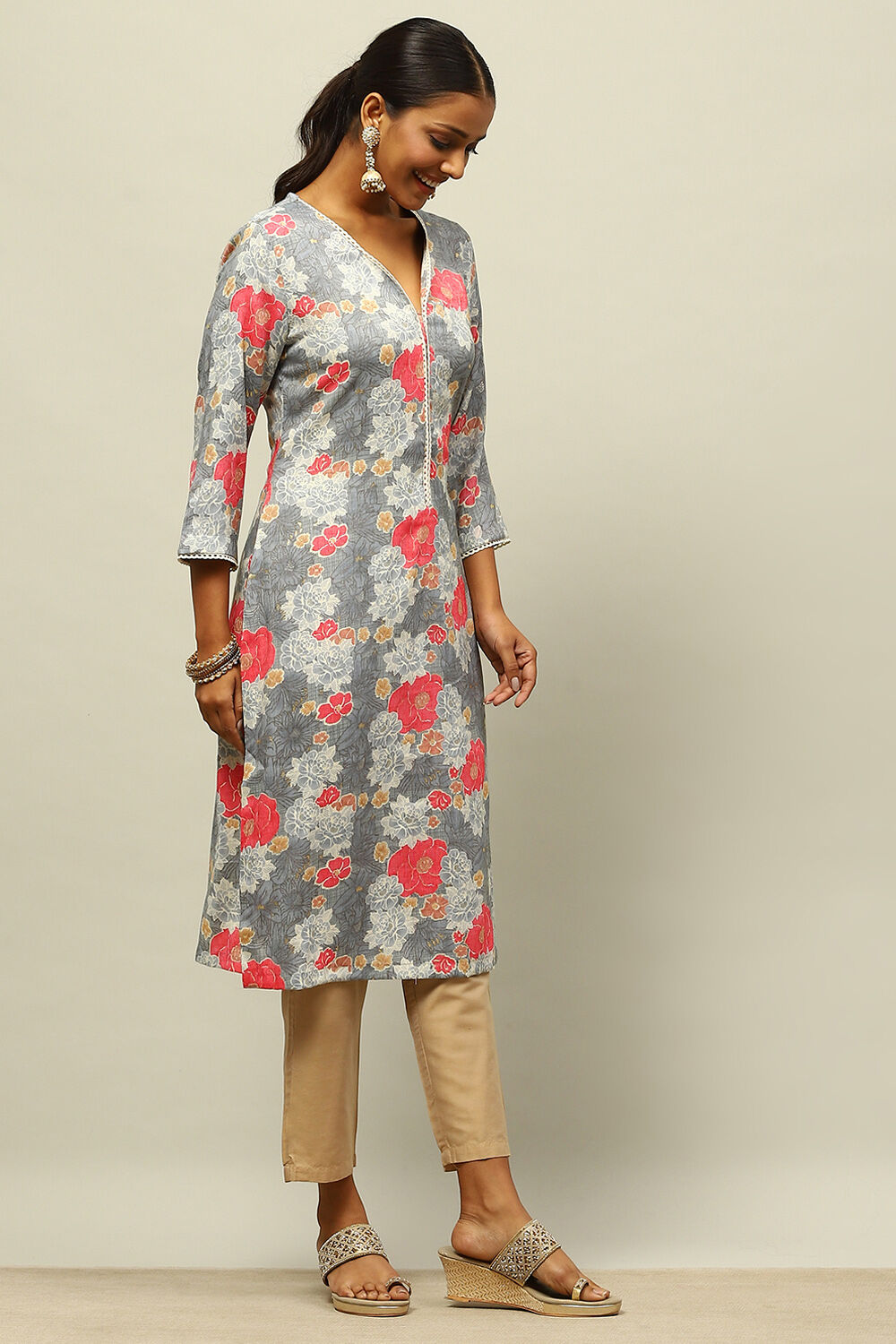 Grey Viscose Blend Printed Straight Kurta image number 4