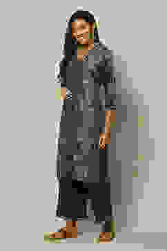 Indigo Blue LIVA Straight Printed Kurta Palazzo Suit Set image number 3