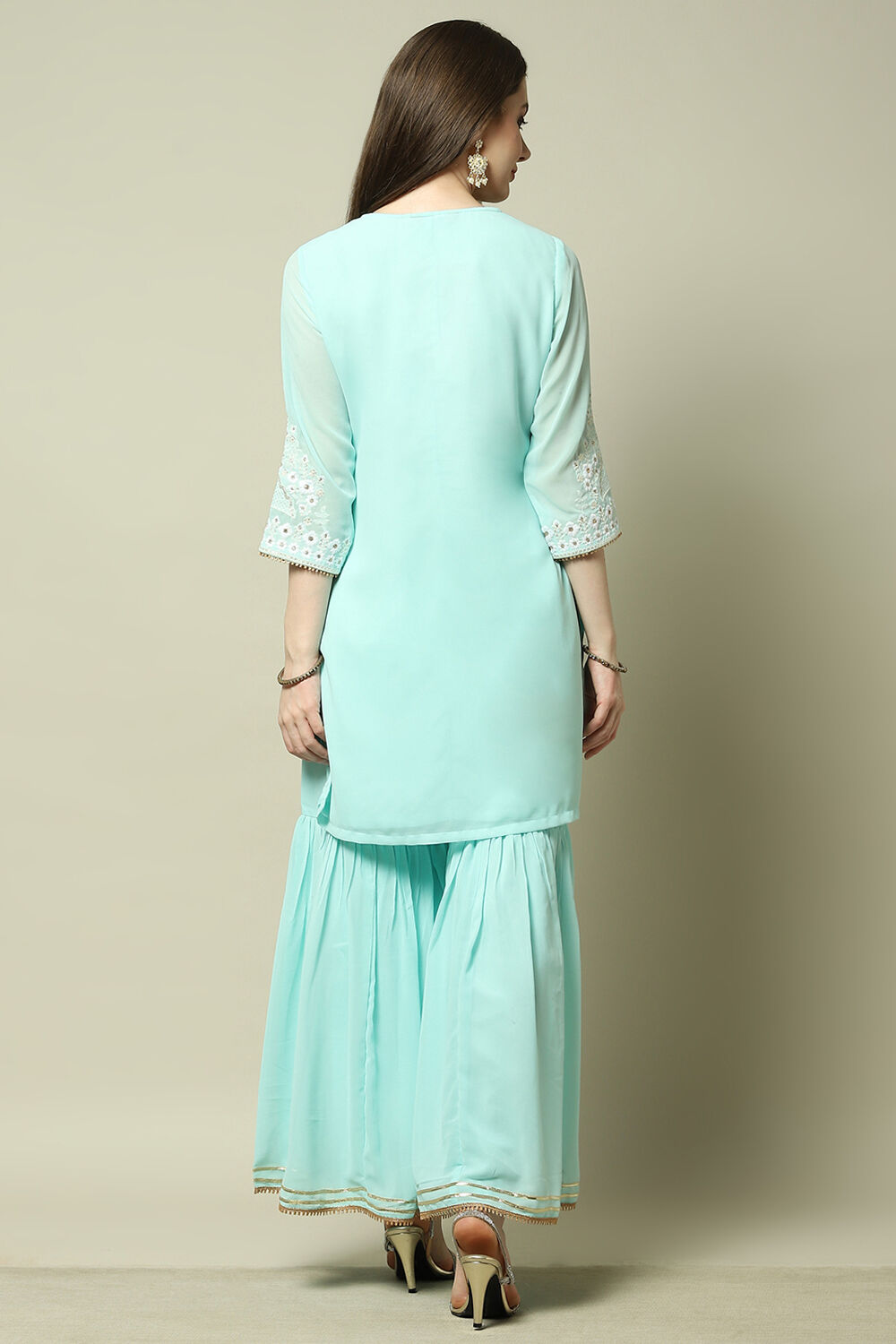 Aqua Blue Poly Georgette Kurta & Garara Suit Set image number 5