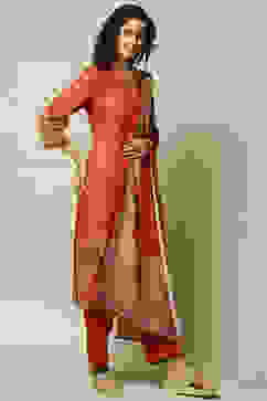 Rust Polyester Straight Printed Kurta Palazzo Suit Set image number 6