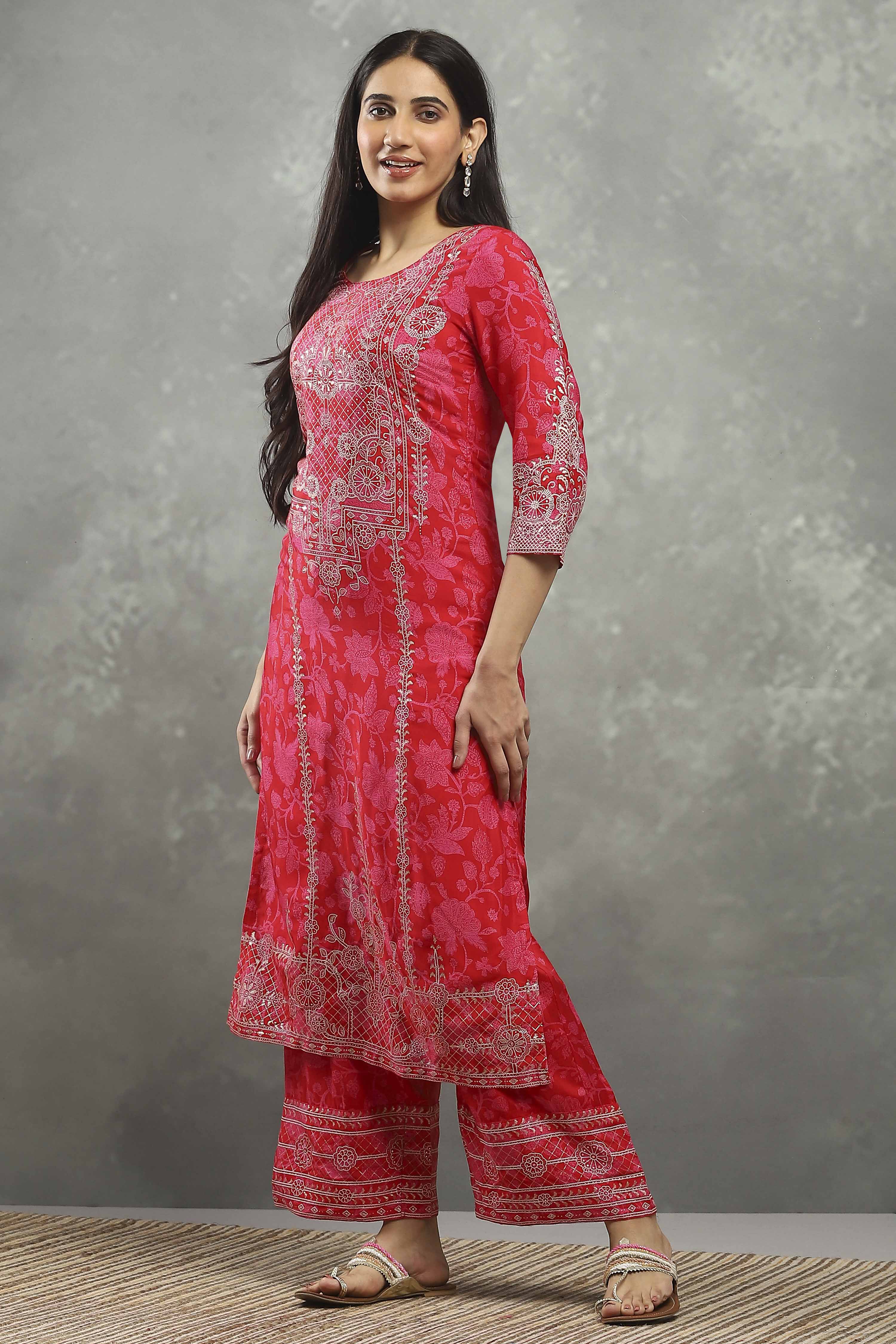 Pink Viscose A-line Kurta Pants Set image number 0