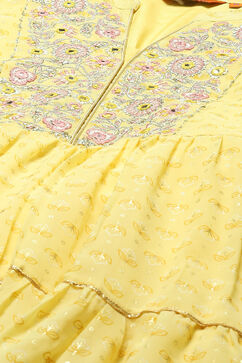 Yellow Polyester Gathered Printed Kurta Churidar Suit Set image number 1