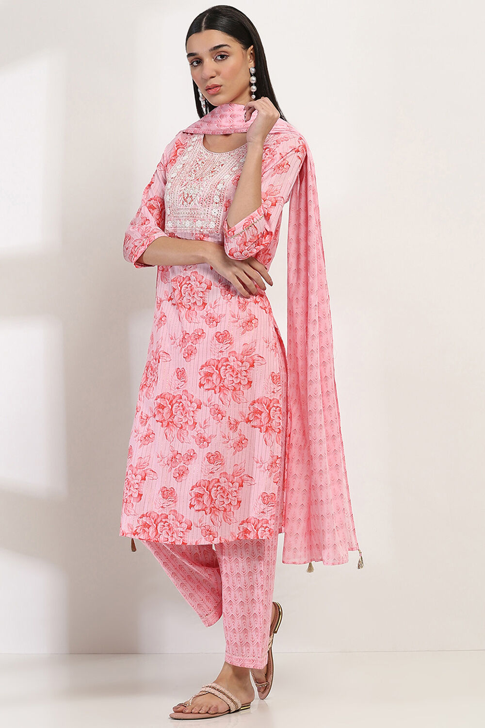 Pink Cotton Printed Straight Suit Set image number 3