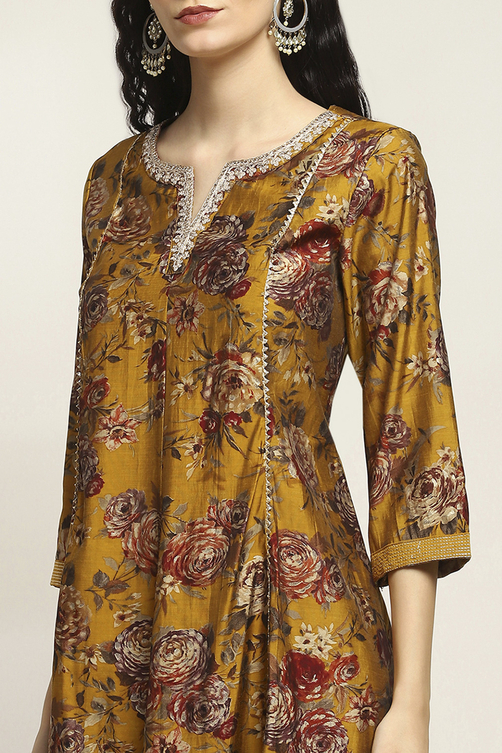 Mustard Viscose Blend Printed Kalidar Suit Set image number 1