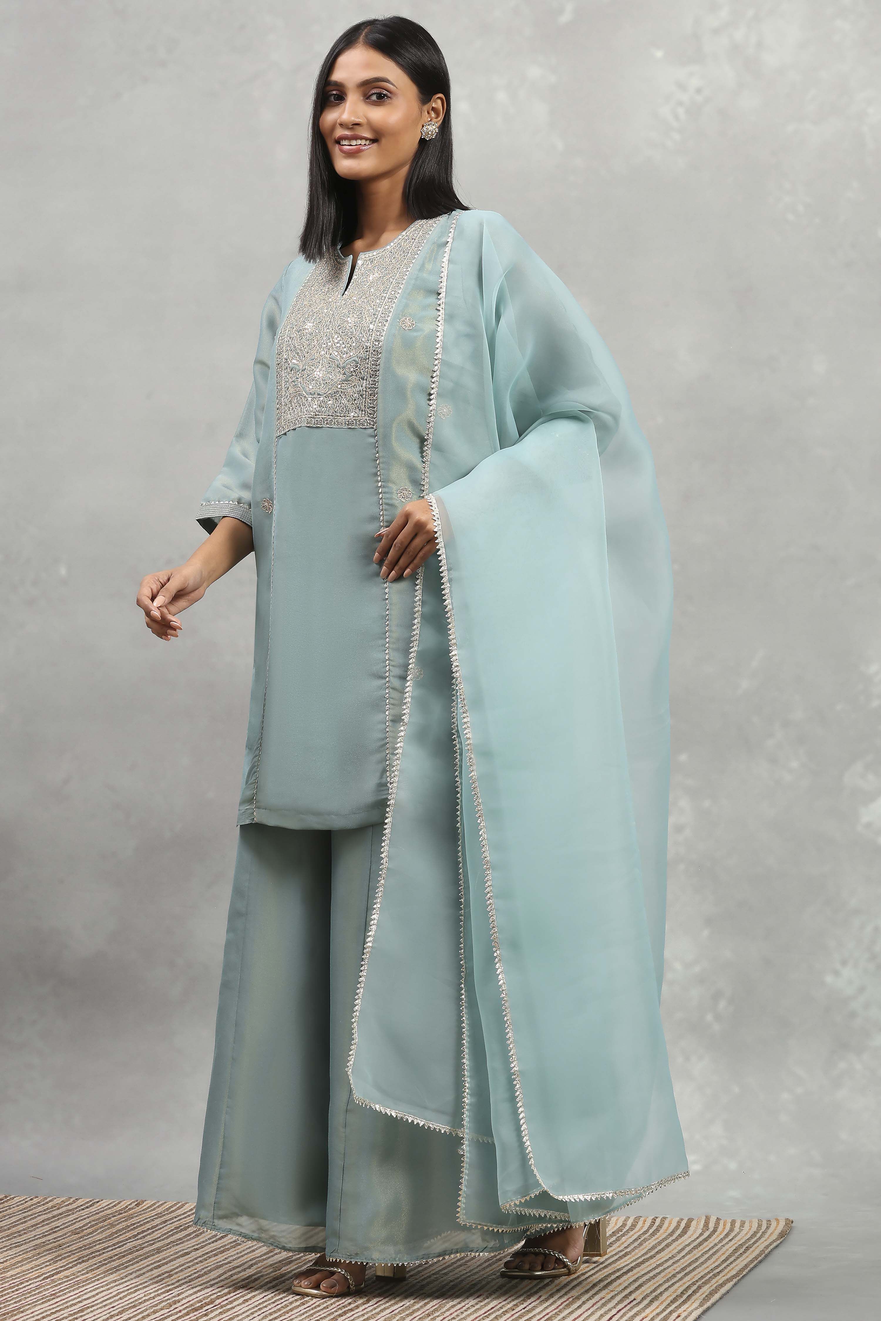 Dust Blue Tissue Solid Straight Suit Set image number 3