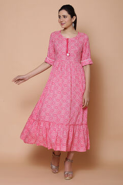 Pink Viscose Rayon Flared Dress image number 1