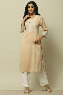 Beige Schiffli Detail Straight Kurta image number 0
